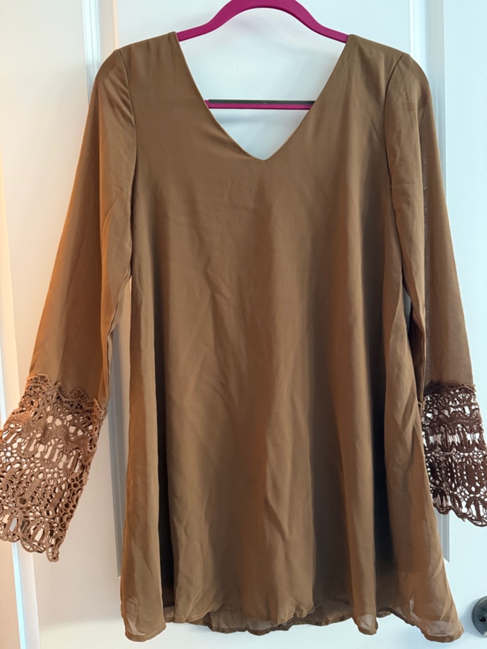 Umgee Brown V-Neck Dress with Crochet Bell Sleeves